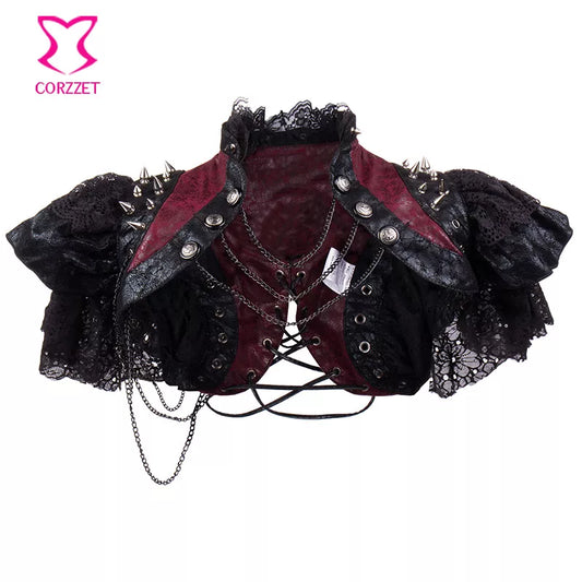 Victorian Red Leather & Lace Rivets Steampunk Jacket Adult for Women