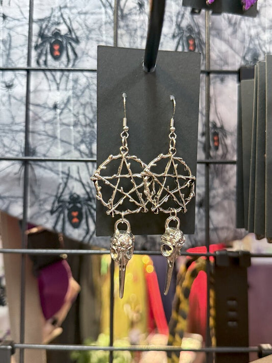 Silver Pentagram with Raven Skull Earring
